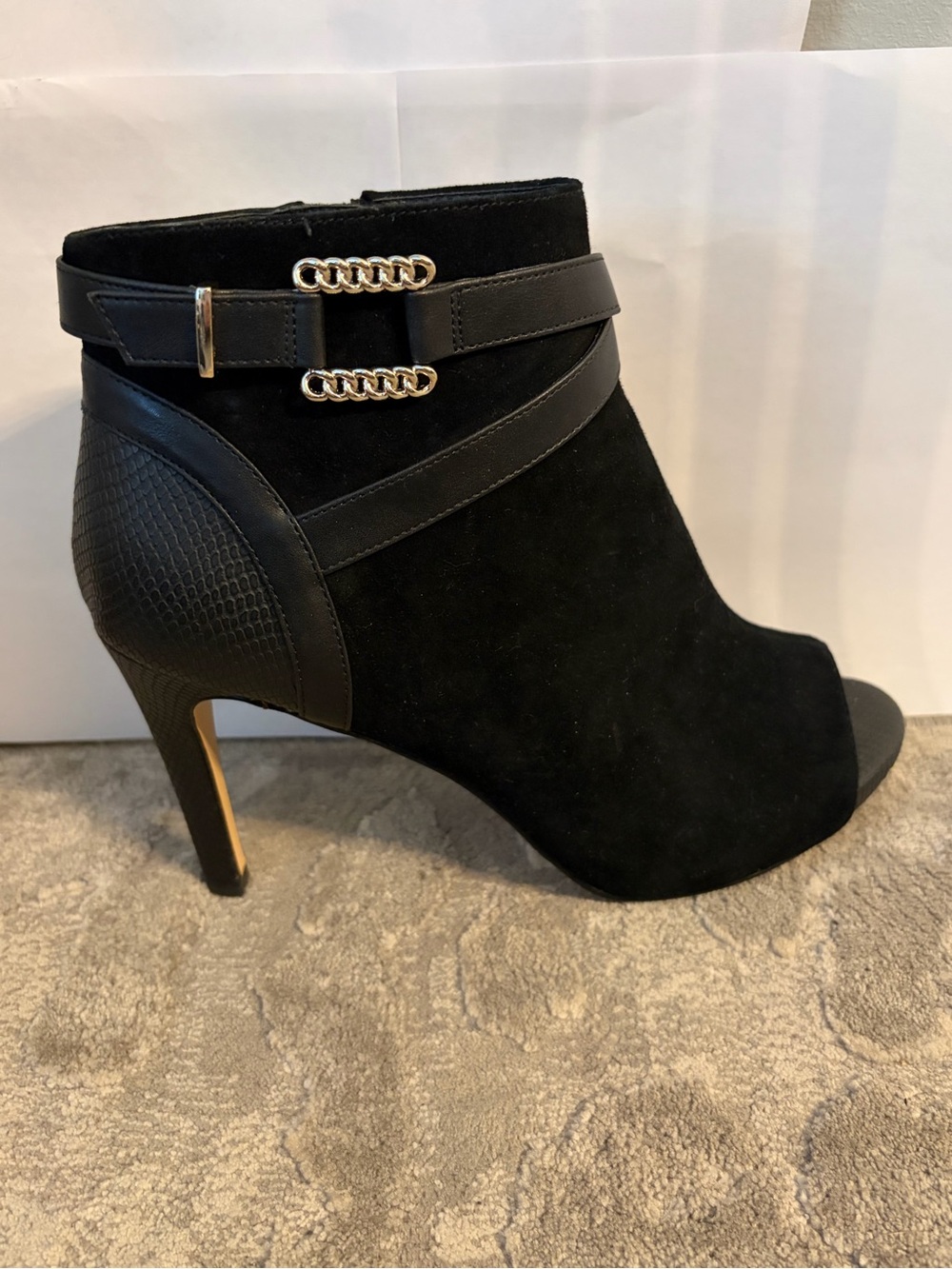 Women’s Black Suede Peep-Toe Ankle Bootie with silver Accent 10